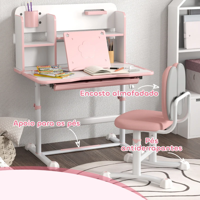 AIYAPLAY Conjunto de Secretária e Cadeira para Crianças Secretária Infantil Altura Ajustável 80x55x107,5 cm Rosa