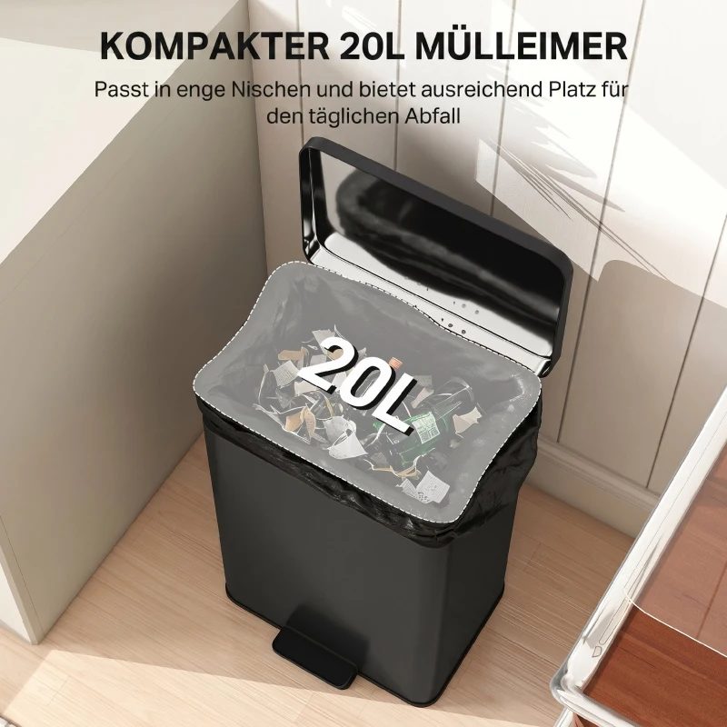 HOMCOM Pedaalemmer 20 liter met softclose-deksel, pedaal en uitneembare binnenemmer, matzwart, 34,2 x 30,6 x 44,2 cm