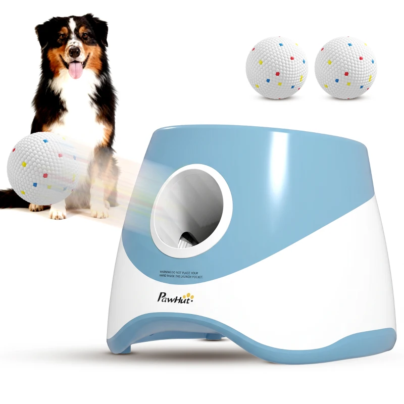 PawHut Lanceur de Balles Automatique avec 3 Balles en ETPU, 3 Réglages de Distance 6m/10m/14m, Intérieur et Extérieur, Bleu