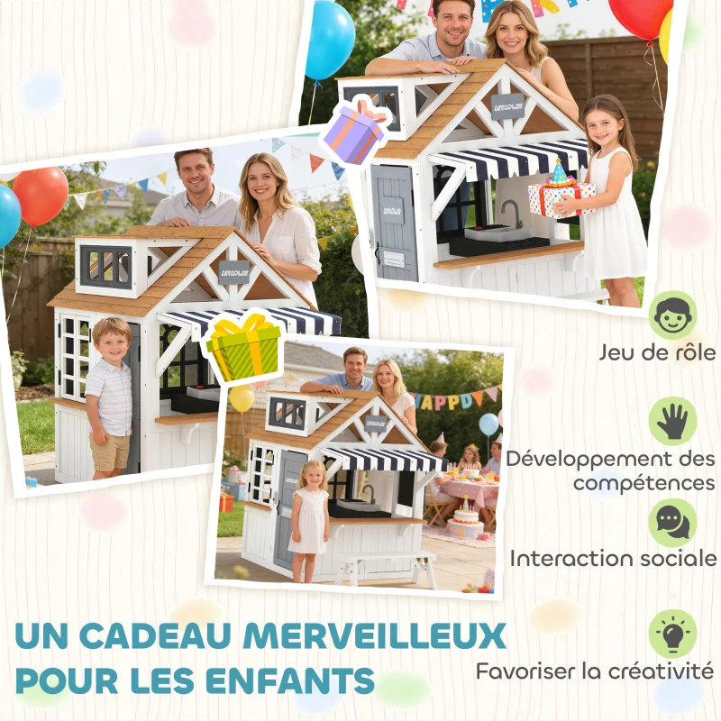 AIYAPLAY Cabane enfant extérieur en bois, maison enfant extérieure avec chatière, ustensiles de cuisine, banc et sonnette, blanc