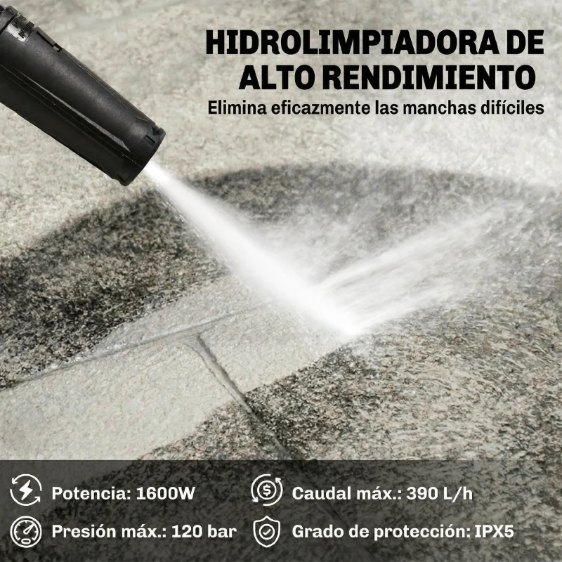 Outsunny Hidrolimpiadora de Alta Presión 1600W 120 Bar con Bomba Boquilla Ajustable y Parada Automática 29,5x22x60 cm Amarillo