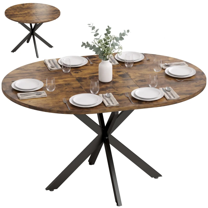 HOMCOM Uitschuifbare eettafel voor 4-6 personen, industriële keukentafel met stalen X-poten, rustiek bruin