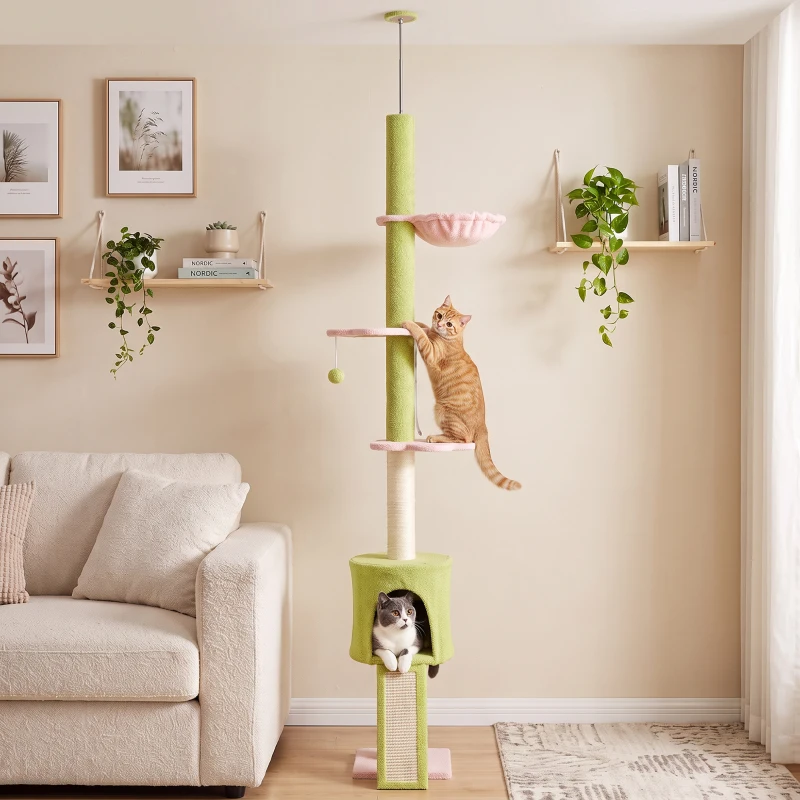 PawHut Krabpaal met kattenhuisje, hangmat, verstelbare hoogte en stoffen bekleding, groen