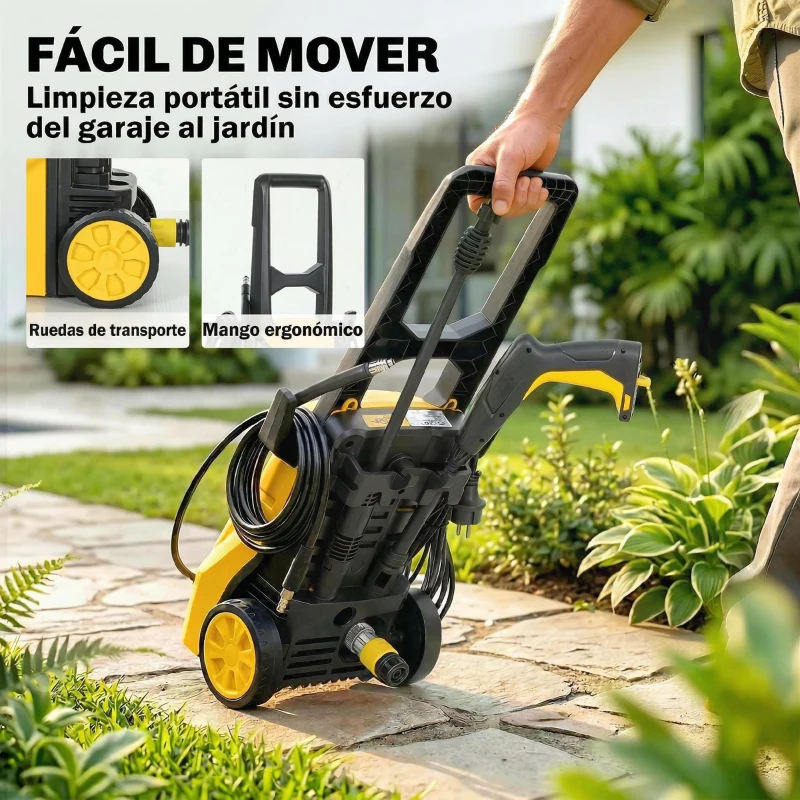 Outsunny Hidrolimpiadora de Alta Presión 1600W 120 Bar con Bomba Boquilla Ajustable y Parada Automática 29,5x22x60 cm Amarillo