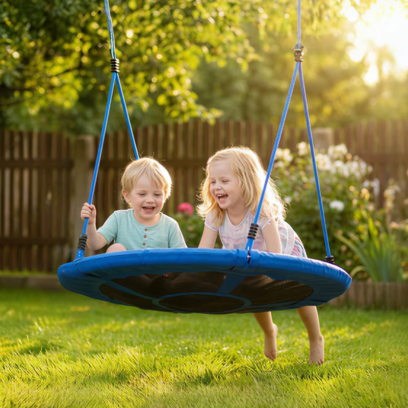 AIYAPLAY Balançoire nid d'oiseau, balançoire pour 2 enfants avec cordes réglables en hauteur, siège rond Ø 80 cm, bleu