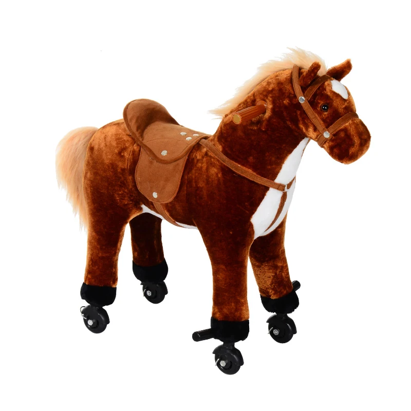 HOMCOM Caballo de Juguete para Niños de +2 Años con Ruedas Sonidos y Estructura de Metal Carga 60kg 65x28x75 cm Marrón