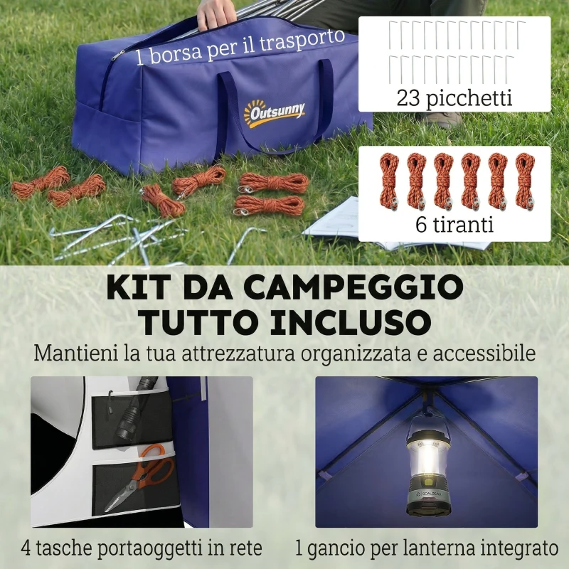 Outsunny Tenda a Tunnel per 4 Persone con Camera e Zona Giorno, Impermeabile 3000 mm, Tenda da Campeggio, Blu Scuro