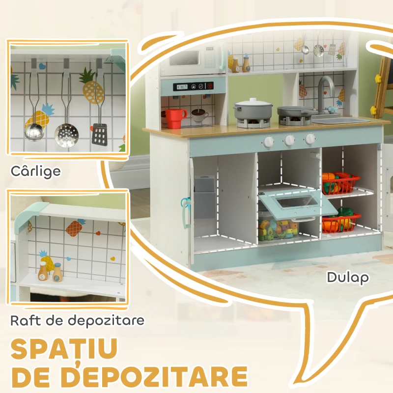 AIYAPLAY Bucătărie de Jucărie pentru Copii 3+ Ani din Lemn, Aragaz Interactiv, Cuptor și Mașină de Cafea, Alb