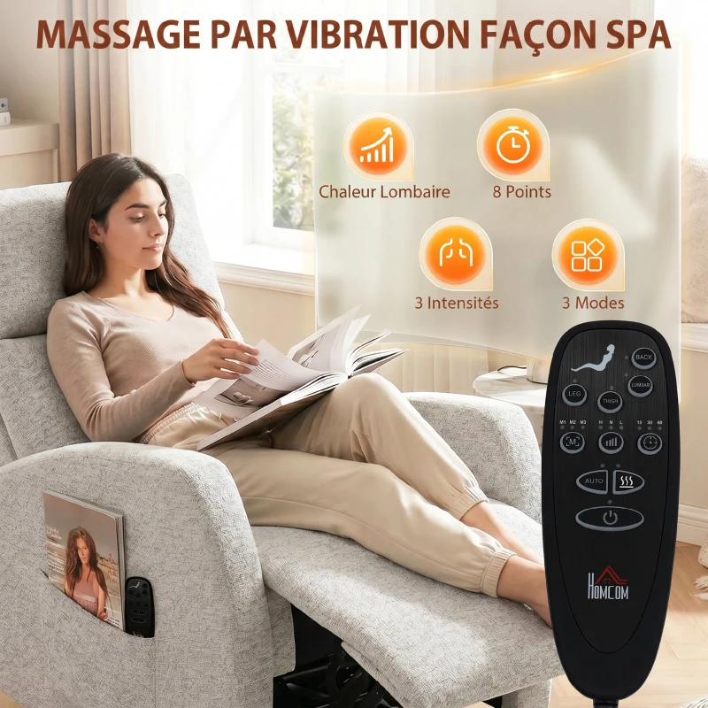 HOMCOM Fauteuil inclinable de massage et chauffage, fauteuil de relaxation en chenille, dossier réglable, pivotant 360°, crème
