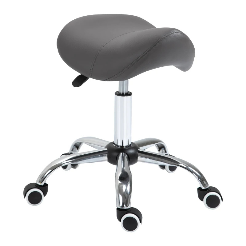 HOMCOM Tabouret à roulettes, tabouret de massage avec hauteur réglable 49-61 cm et selle ergonomique, chaise de travail à roulettes pivotant 360°, pour salon de massage tatouage clinique spa, gris