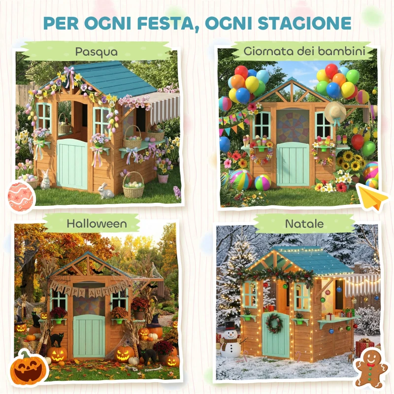 AIYAPLAY Casetta da Giardino per Bambini Finestra, Snack Bar, Mezza Porta, Portavasi, Telo Bersaglio, 4 Palline, Lavagna