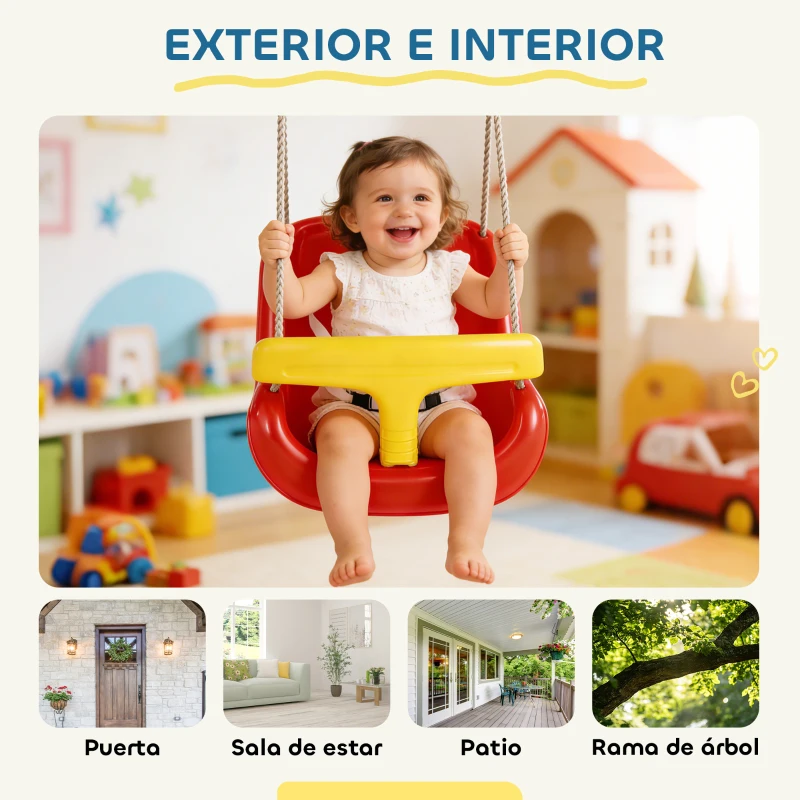 AIYAPLAY Columpio Infantil Cuerda Ajustable con Respaldo Alto Barandilla de Seguridad en T para Interior Exterior Rojo
