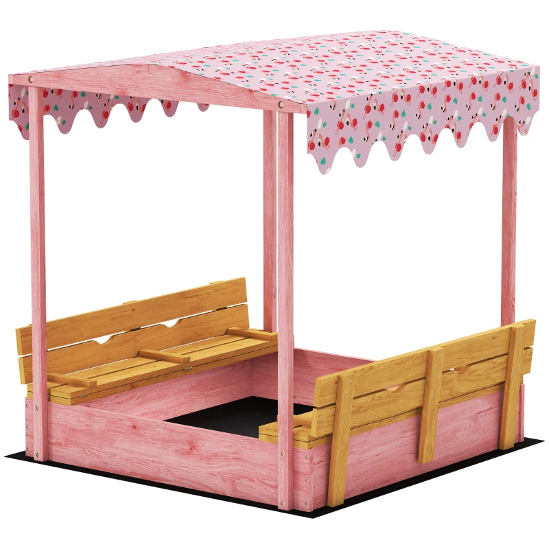 AIYAPLAY Wooden Sandbox with Lid, Flamingos Print Canopy, Kids Outdoor Sand Pit with Foldable Bench Seats, Bottom Liner, Pink