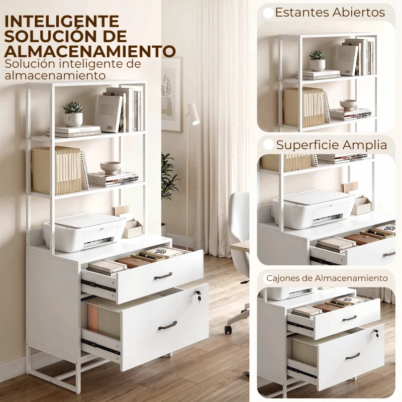 HOMCOM Mueble Archivador con Estantería 2 Cajones Encimera para Impresora Cerradura para A4 Letter Legal Blanco
