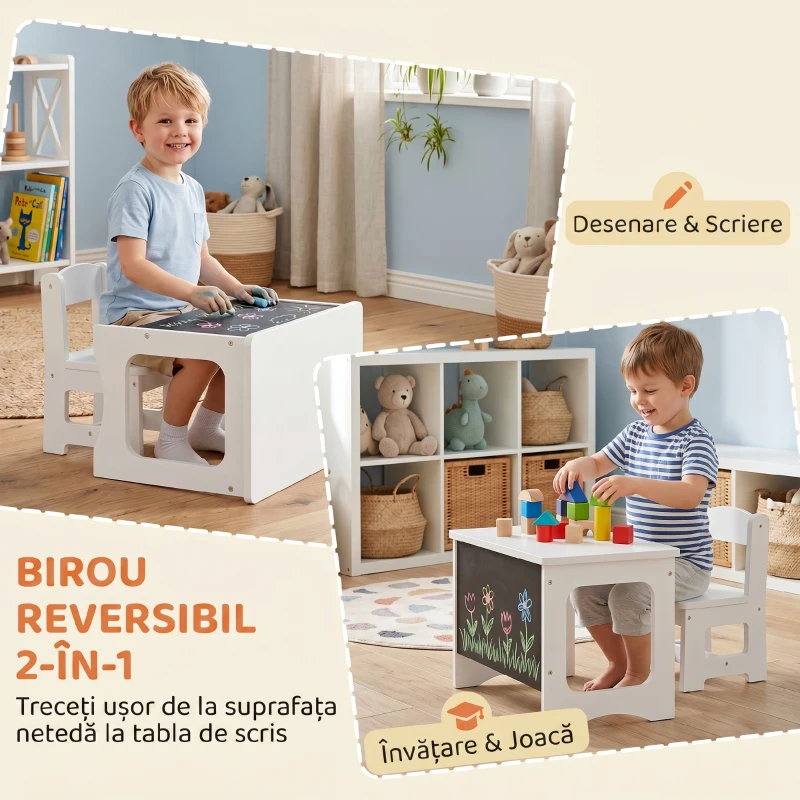 AIYAPLAY Set Masă și Scaun pentru Copii 3-6 Ani din Lemn cu Blat Reversibil, Colțuri Rotunjite, Alb