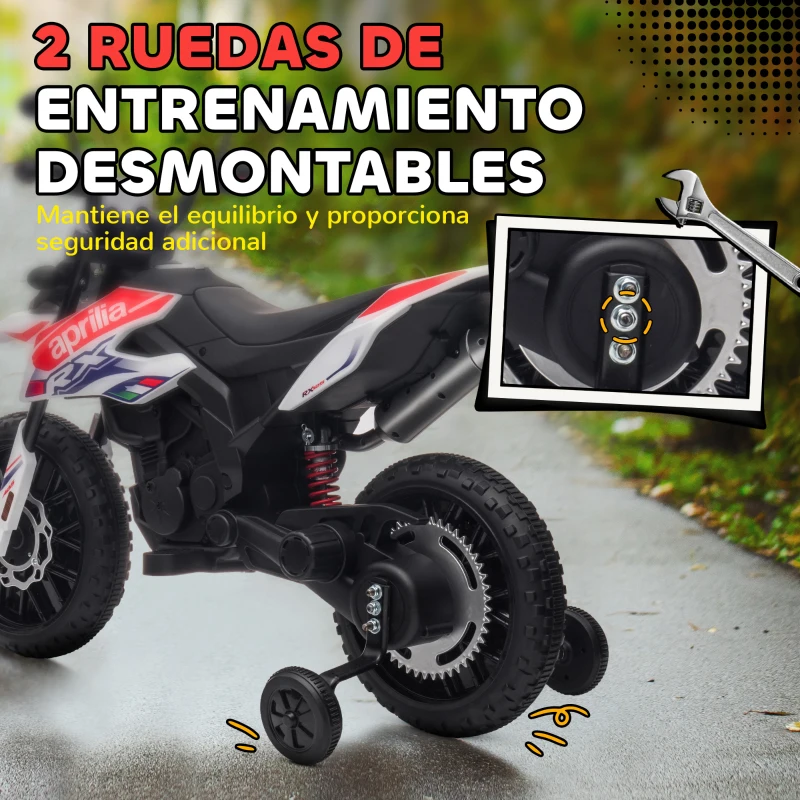 AIYAPLAY Moto Eléctrica para Niños 12V con Licencia Aprilia con Ruedas Auxiliares Desmontables 6 km/h Suspensión Trasera Blanco