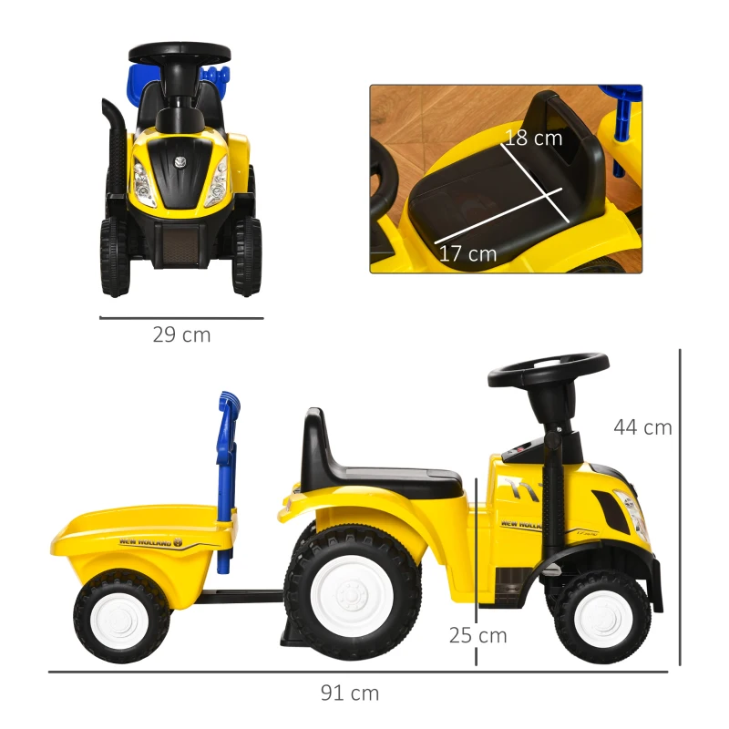 HOMCOM Schuiftractor met aanhanger, claxon, zandspeelgoed, vanaf 1 jaar, kunststof+metaal, geel, 91 x 29 x 44 cm
