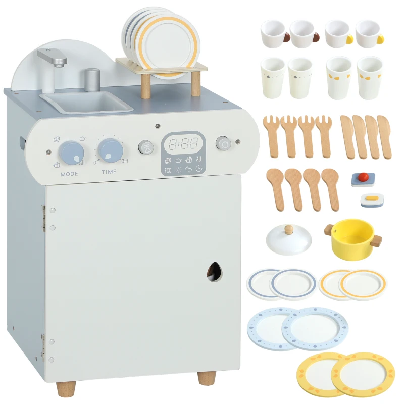 AIYAPLAY Spülküchen-Set, Holzgeschirrspüler für Kinder, 32 Zubehör-Teile, MDF, für Kinder ab 3 Jahren, Hellblau
