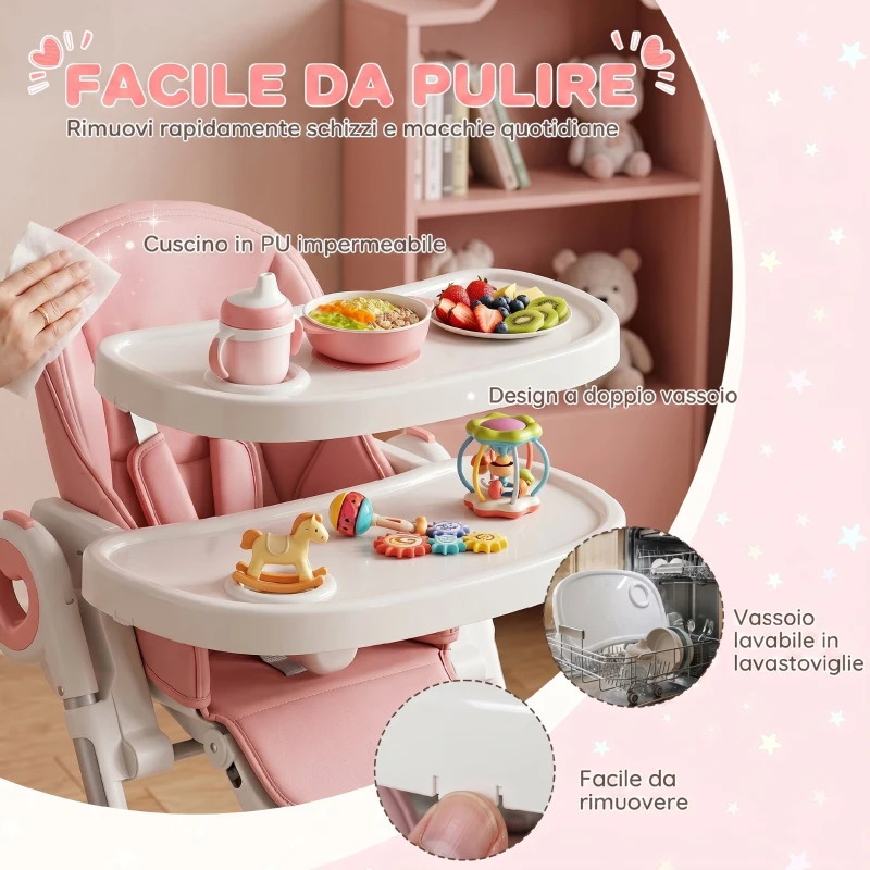 AIYAPLAY Seggiolone Pappa Pieghevole per Bambini 6-36 Mesi con Altezza Regolabile, Doppio Vassoio Lavabile, Ruote, Rosa