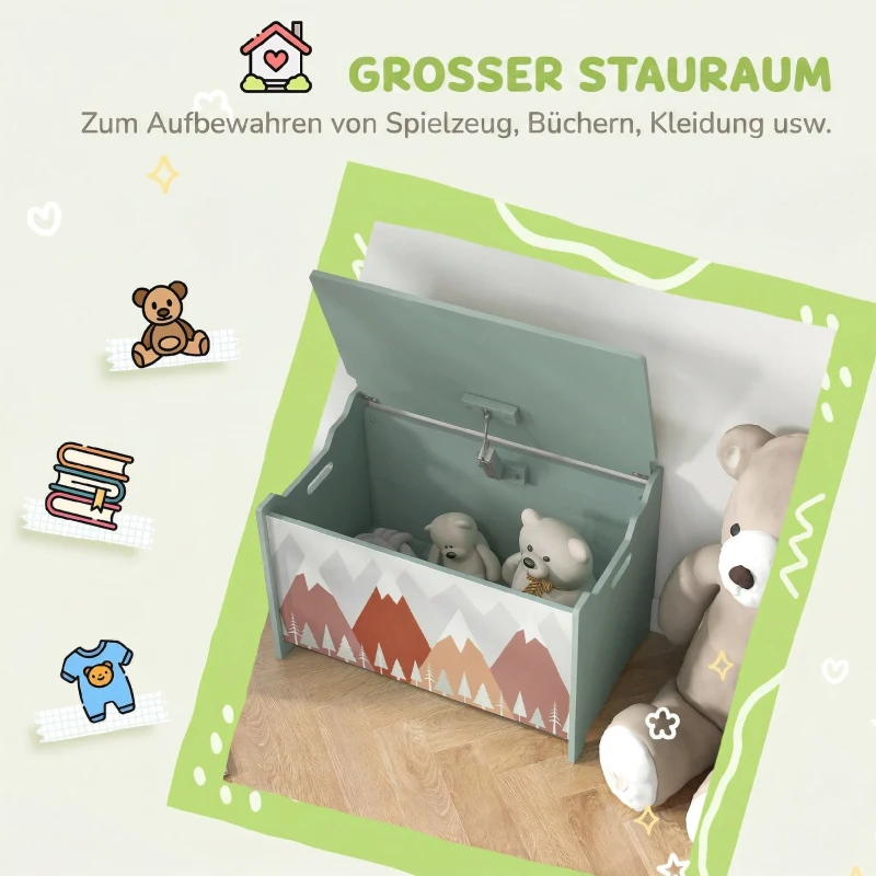 ZONEKIZ Opbergkist, speelgoedkist, klapdeksel, schattig motief, groen