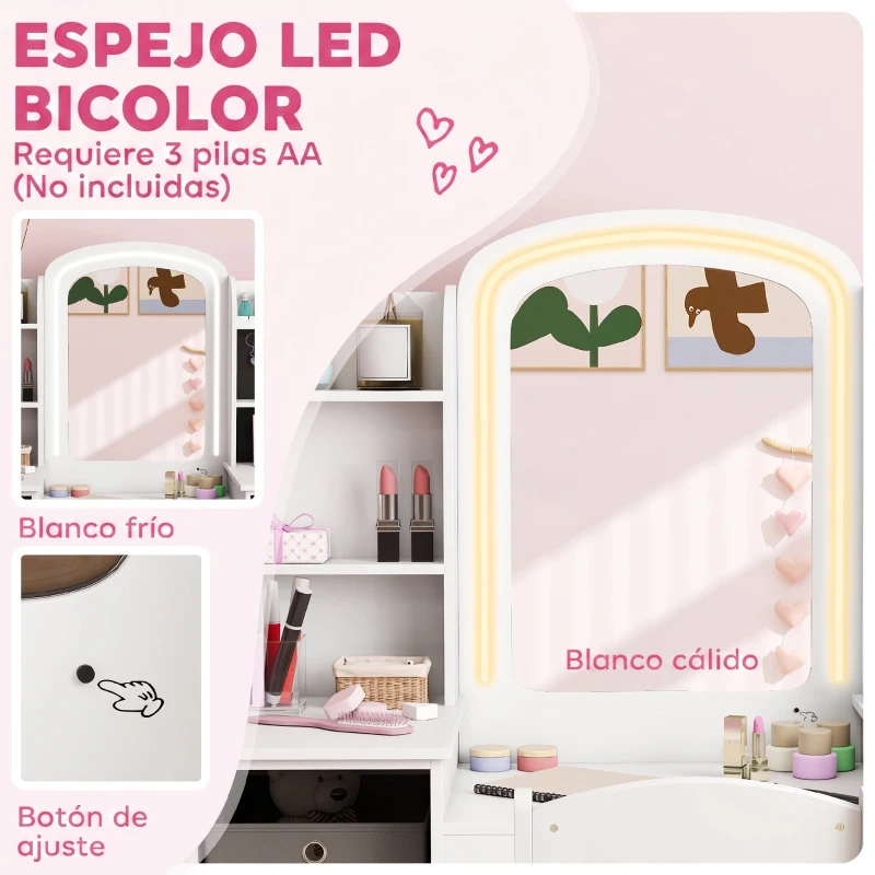 AIYAPLAY Tocador Infantil con Espejo con Luz Taburete Cajones de Tela Ganchos para Joyas y Estantes para 3 a 8 Años Blanco