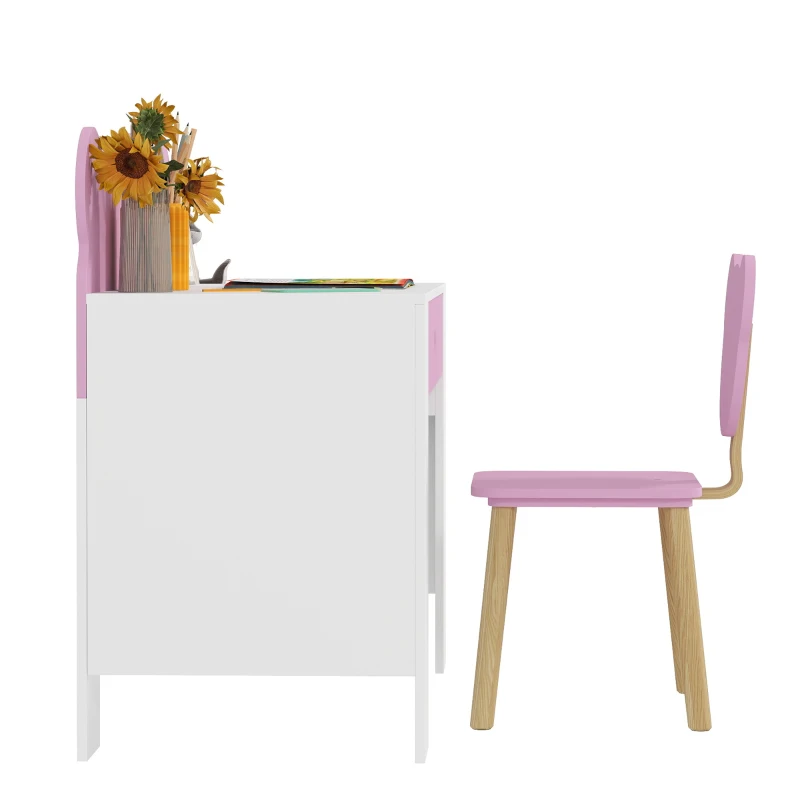 AIYAPLAY Kids Desk and Chair Set with Drawer for Drawing, Reading, Bear Theme Children Furniture for Bedroom, Daycare, Pink