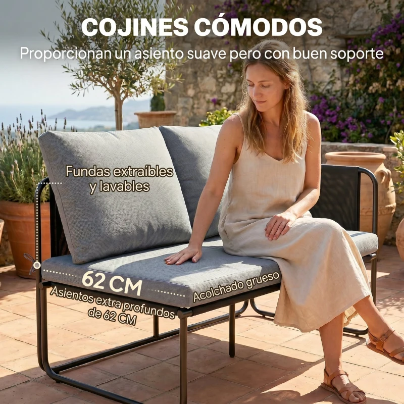 Outsunny Conjunto Jardín Exterior de 4 Piezas con 2 Sofás 2 Plazas 2 Mesas de Vidrio Cojines Fundas Extraíbles y Bolsillos Gris