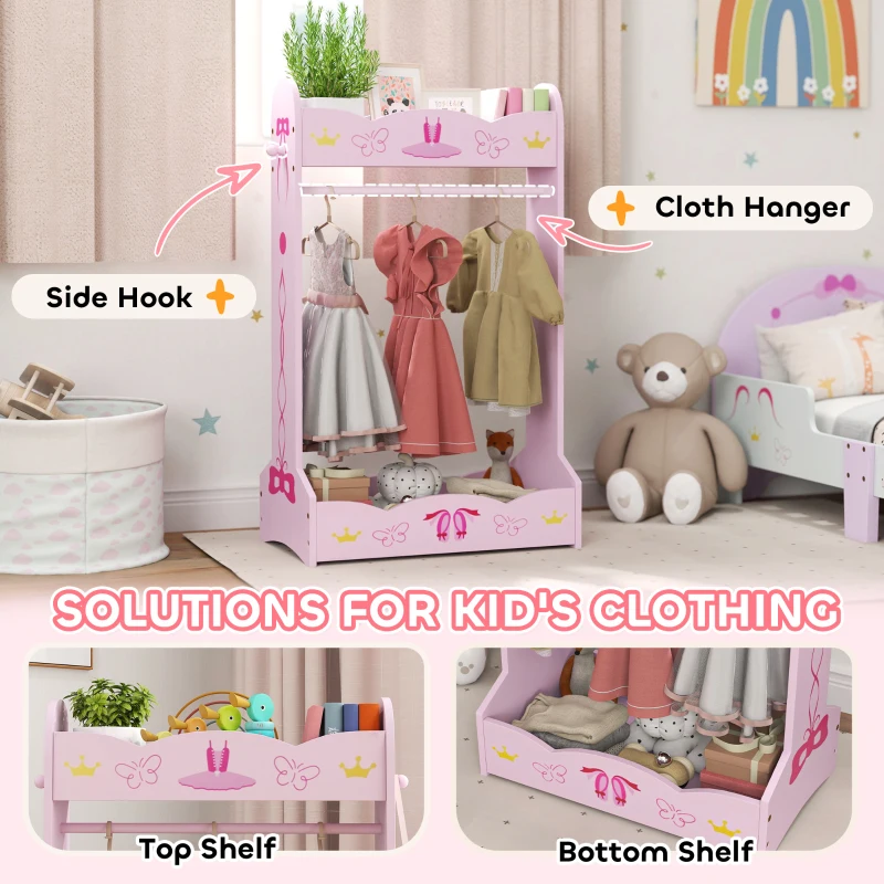 AIYAPLAY Kids Clothes Rail with Two Shelves, for 3-8 Years, Pink