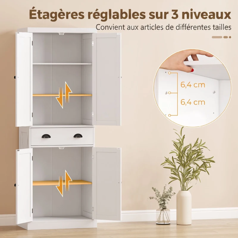 HOMCOM Buffet Haut Cuisine, Armoire de Cuisine avec 4 Portes, Tiroir et Étagères Réglables, Style Rustique, 62x38x173cm, Blanc