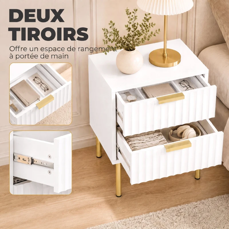 HOMCOM Table de chevet, table de nuit cannelée avec 2 tiroirs et pieds en acier, pour chambre à coucher, salon, blanc