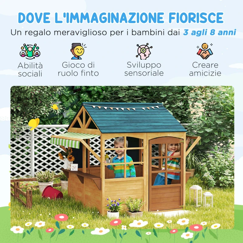 AIYAPLAY Casetta per Bambini 3-8 Anni con 5 Finestre e 2 Lavagne, in Legno di Abete, 173x117x144 cm, Marrone e Blu