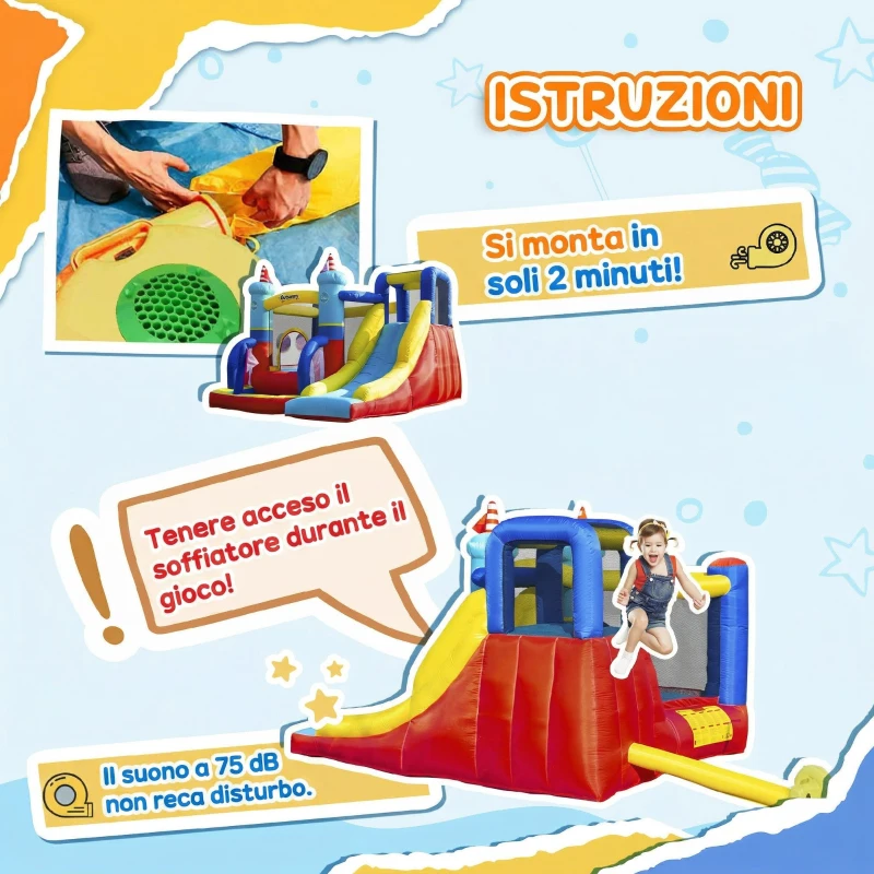 Outsunny Castello Gonfiabile 4 in 1 Bimbi 3-8 Anni, Scivolo e Piscina, 265x260x200cm