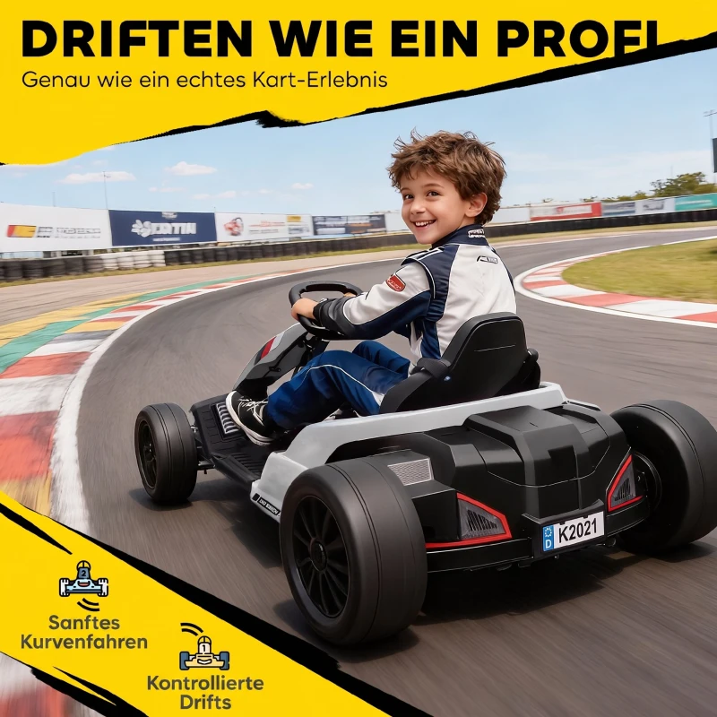 AIYAPLAY 24 V Elektro Go-Kart für Kinder Bis 18 Km/h Gokart mit Drift-Funktion, Drift-Kart mit 2 Motoren verstellbar Sitz Weiß