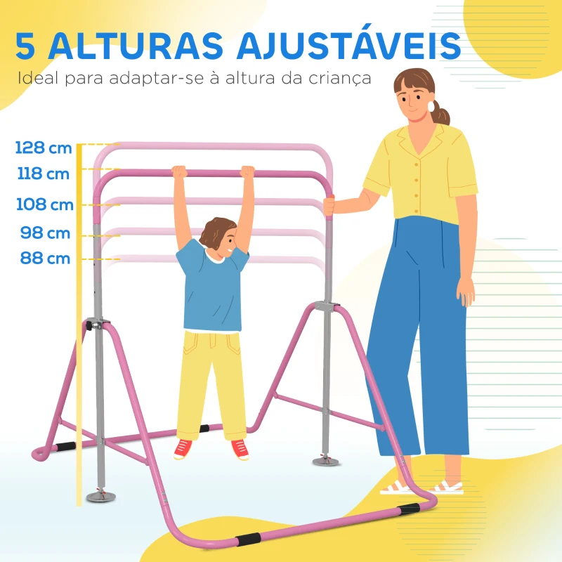 HOMCOM Barra de Ginástica para Crianças Dobrável com Altura Ajustável para Treino em Casa 154x106,2x88,5-128,5 cm Rosa