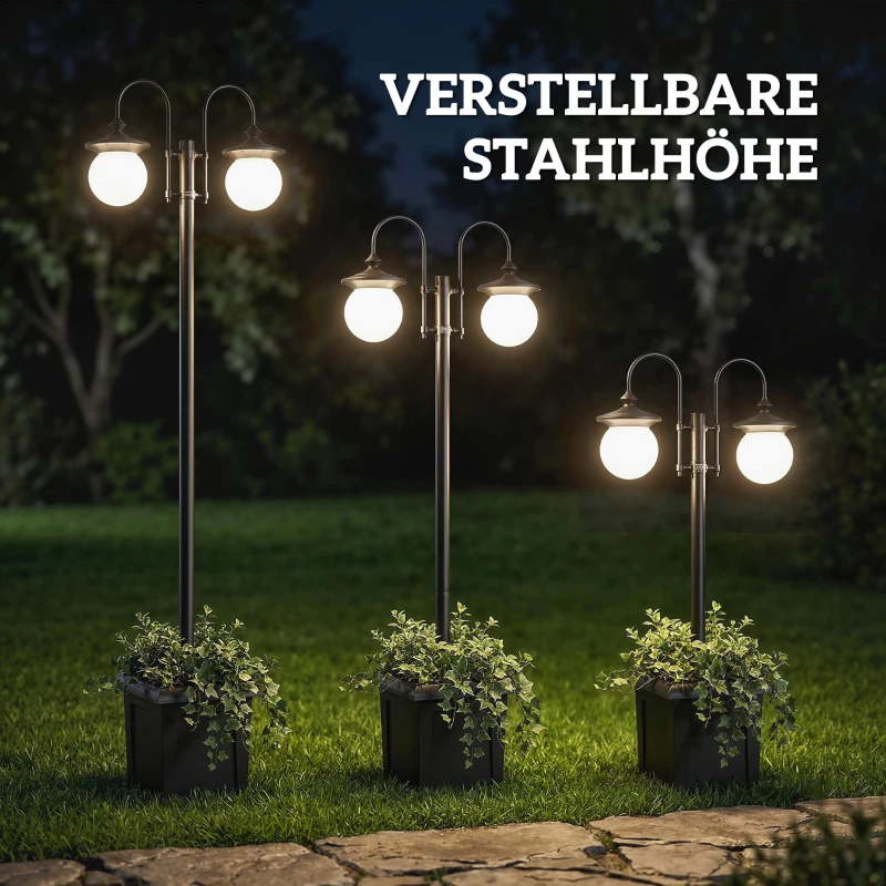 Outsunny Solar lantaarn op paal 182 cm, verstelbare tuinlamp voor buiten met 2 koppen, plantenbak, lichtsensor en schakelaar, IP44