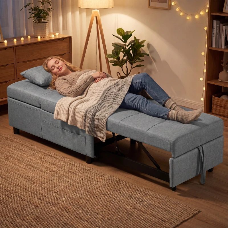 HOMCOM 3-in-1 opklapbare slaapstoel met zijvak, logeerbed met kussen, verstelbare rugleuning en wielen, lichtgrijs