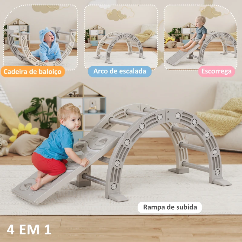 AIYAPLAY Escalada para Crianças de 18-48 Meses 4 em 1 com Arco de Escalada Baloiço Rampa e Escorrega 164x70x57 cm Cinza e Branco
