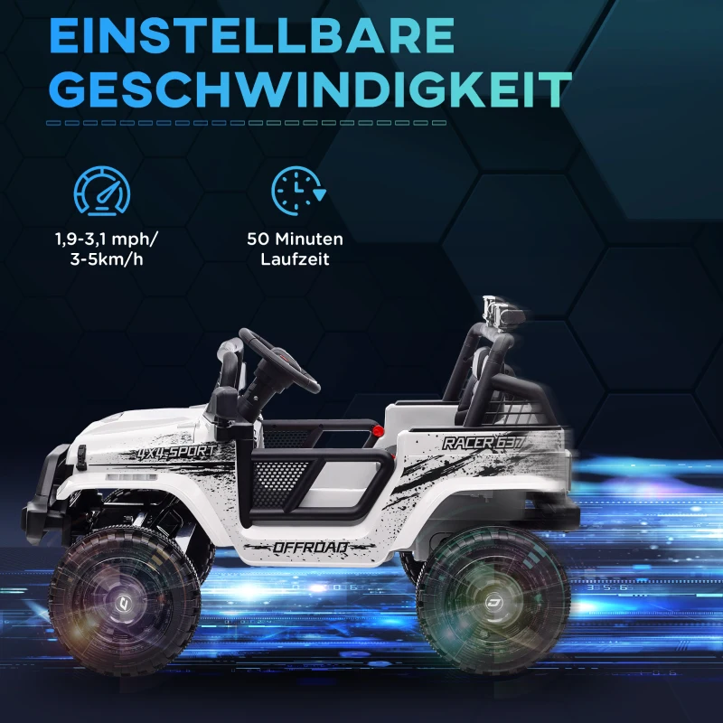 AIYAPLAY Elektrische kinderauto met zachte vering, bestuurbaar op afstand, LED-lampen, claxon, 12V-motoren, van kunststof en metaal, wit(m-6)