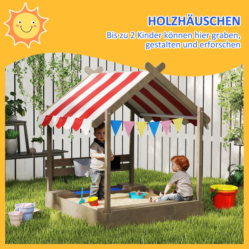 Outsunny Zandbak met Zonbescherming, Speelhuis-Design, met Speelgoed-Set, Behandeld Massief Hout, 124 x 116 x 146 cm, Grijs