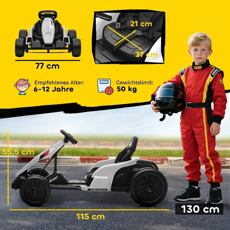 AIYAPLAY 24 V Elektro Go-Kart für Kinder Bis 18 Km/h Gokart mit Drift-Funktion, Drift-Kart mit 2 Motoren verstellbar Sitz Weiß