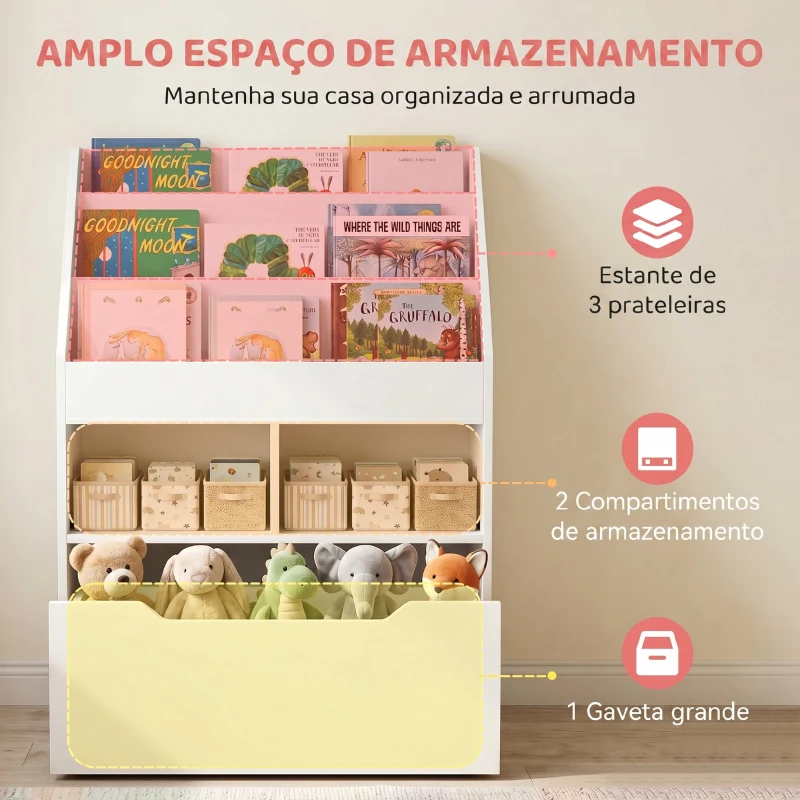 HOMCOM Estante de Madeira para Brinquedos com 3 Compartimentos 2 Cubos e Gaveta Móvel com 4 Rodas Estante para Livros Infantil para Dormitório Infantil Sala de Jogos 60x29,9x90cm Branco