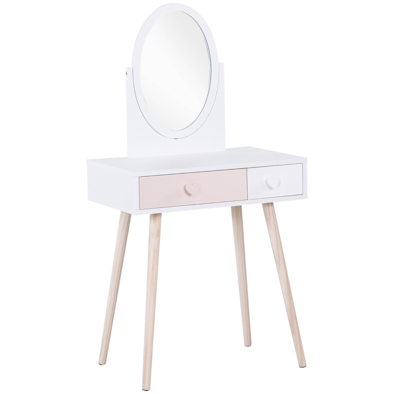 HOMCOM Tocador de Madera Infantil con Espejo y 2 Cajones 69x49x136 cm Blanco y Rosa