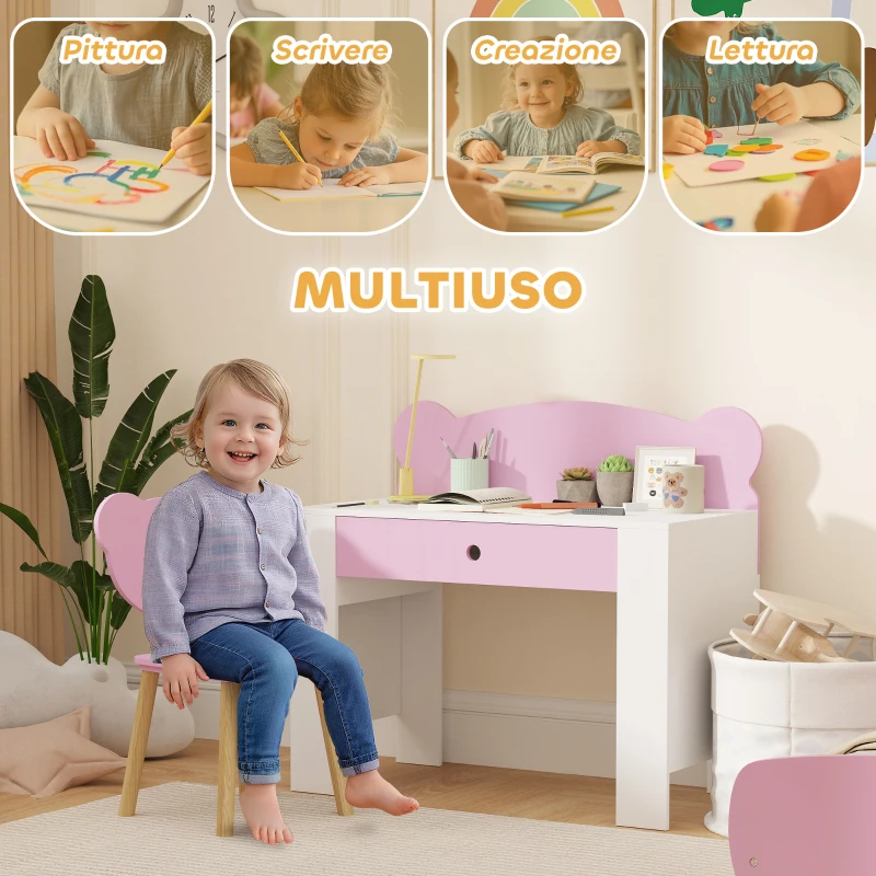 AIYAPLAY Set Scrivania per Bambini con Cassetto e Sedia con Schienale a Orsetto, Età 3-8 Anni, Rosa