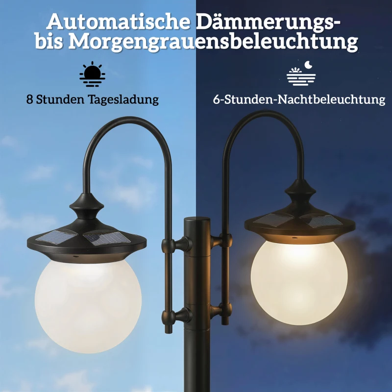 Outsunny Solar lantaarn op paal 182 cm, verstelbare tuinlamp voor buiten met 2 koppen, plantenbak, lichtsensor en schakelaar, IP44