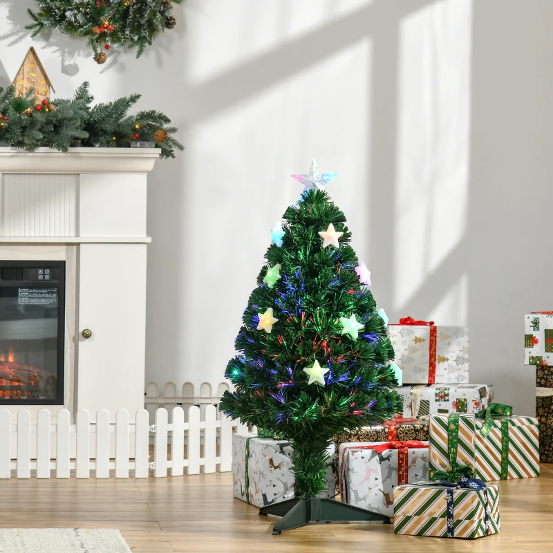 HOMCOM Árbol de Navidad 90cm Artificial Árbol de Pino Decoración Navideña con 12 LED de 4 Colores 90 Ramas Verde