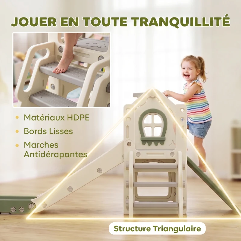 AIYAPLAY Toboggan pour Enfant Pliable 5-en-1 avec Escalade, Panier de Basket, Espace de Rangement et Ballon, Crème