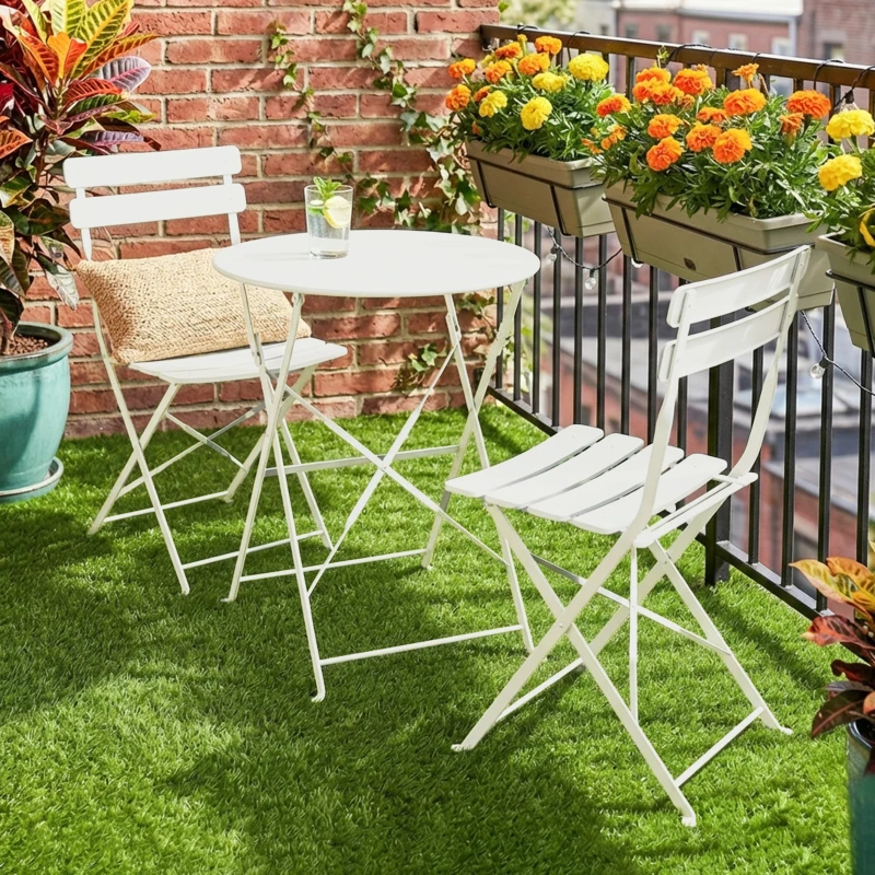 Outsunny 3-teiliges Garten Bistro Set Klappbar Bistrotisch mit 2 Stühlen Lamellen-Sitz Doppelt X-Beine Cremeweiß