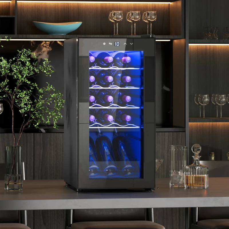 HOMCOM Cantinetta Vino Frigo per 15 Bottiglie, Capacità 44L, con Controllo Temperatura e Ripiani Regolabili, Nero