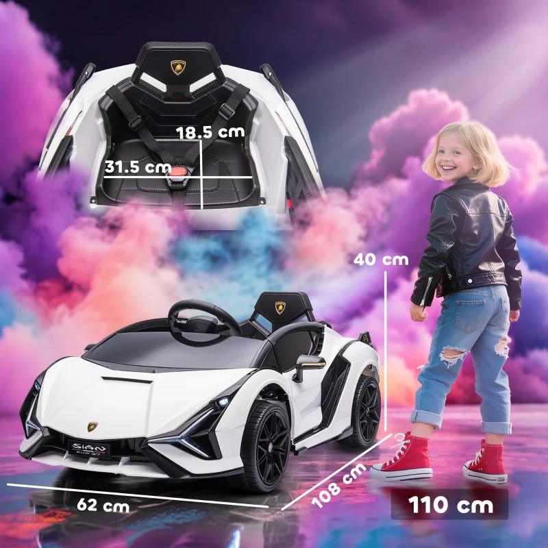 HOMCOM Mașină Electrică pentru Copii 3-5 Ani Lamborghini 12V cu Telecomandă și Viteză de 3-5 km/h, Albă