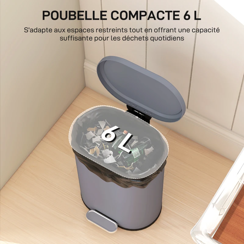 HOMCOM Poubelle cuisine 6L, poubelle à pédale en métal avec seau intérieur, couvercle à fermeture douce, 24,5x21,5x29,5cm, gris